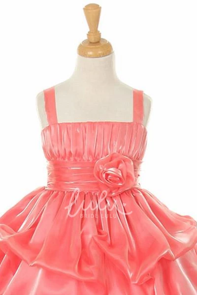 Organza & Satin Flower Girl Dress with Pick Up Tea-Length Ruched Spaghetti Elegant