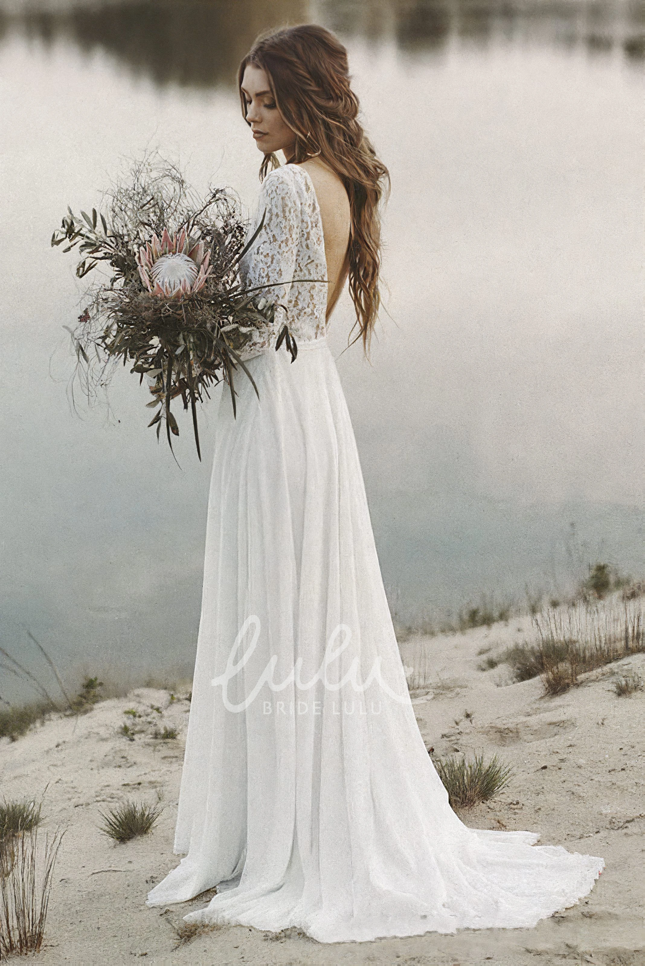 A-line V-neck Wedding Dress with Long Lace Sleeves and Simple Elegance