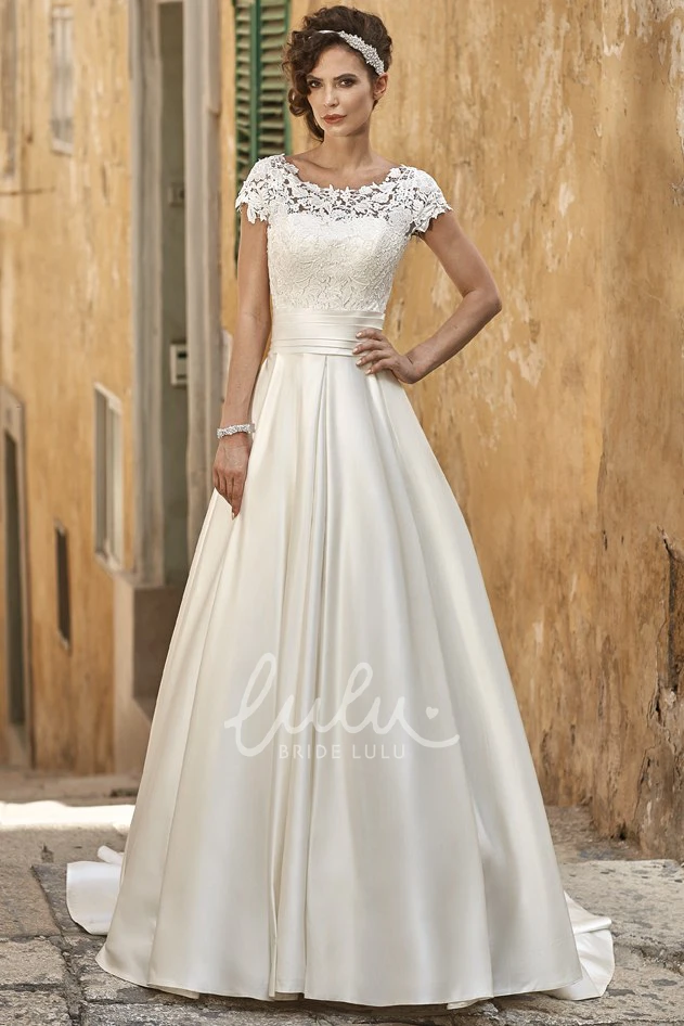 Short-Sleeve Lace Satin A-Line Wedding Dress
