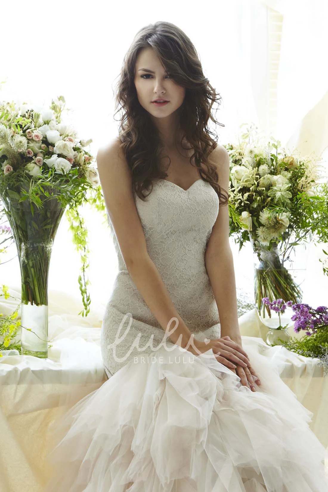 Cascading-Ruffled Sweetheart Tulle Wedding Dress Mermaid Cut