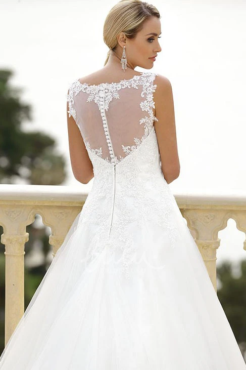 Illusion Court Train Tulle Wedding Dress with Appliques Elegant Bridal Gown
