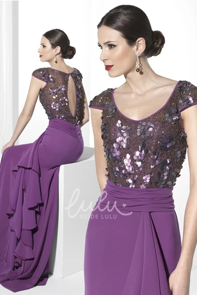 Maxi Sequined V-Neck Cap-Sleeve Prom Dress with Beading Modern Prom Dress