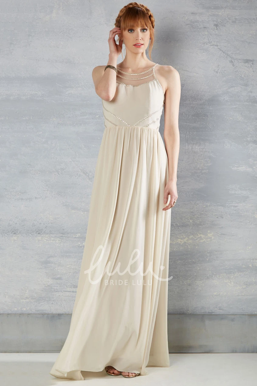 Chiffon Wedding Dress with Beading and Illusion Sleeveless Pleated Scoop Neck