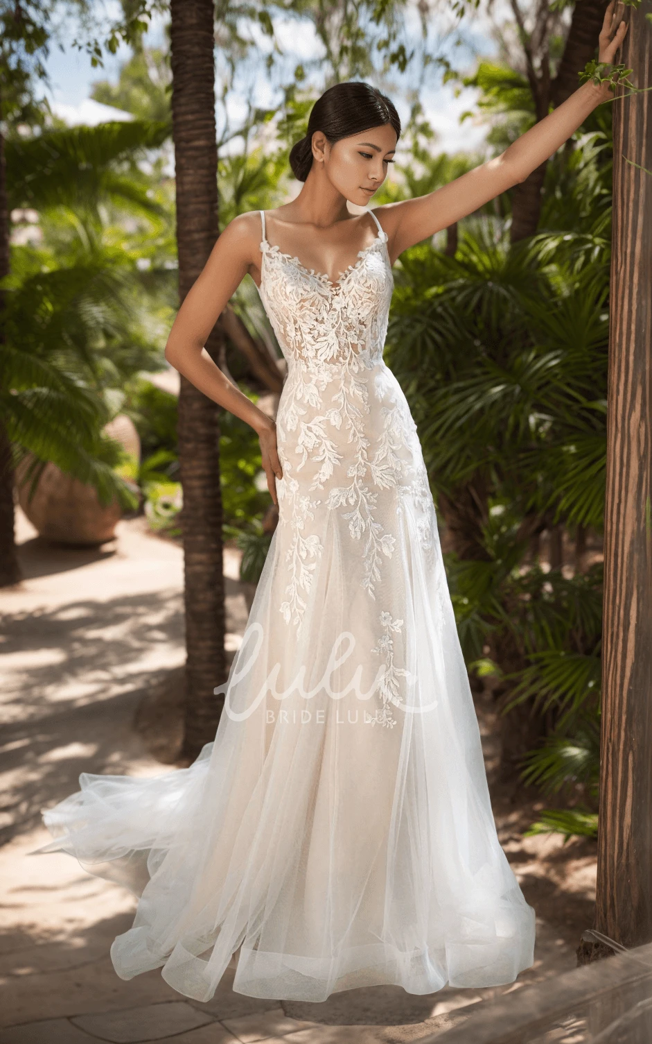 Spaghetti Mermaid Sleeveless V-neck Lace Tulle Wedding Dress Ethereal Appliques Floor-length Bridal Gown