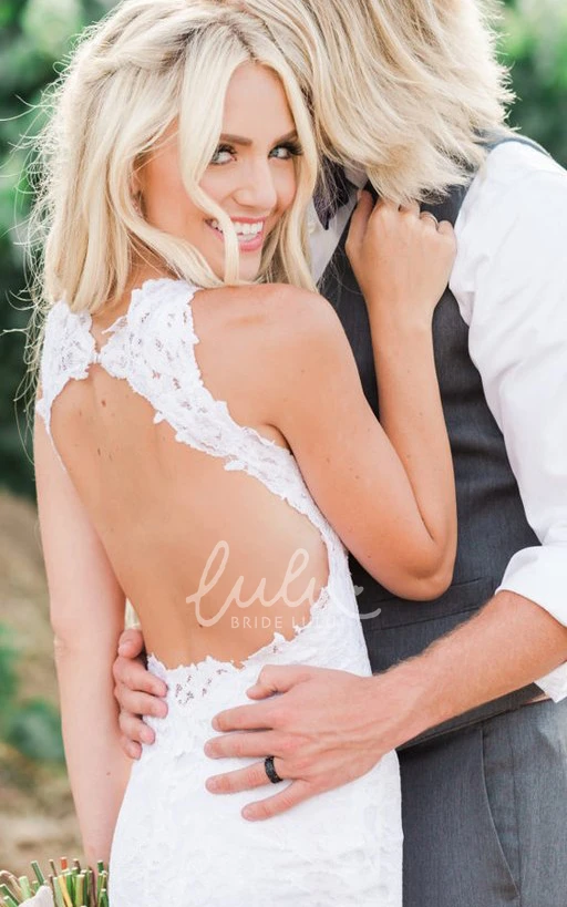 Lace High Neck Sleeveless Sheath Wedding Dress with Sweep Train Sexy & Modern