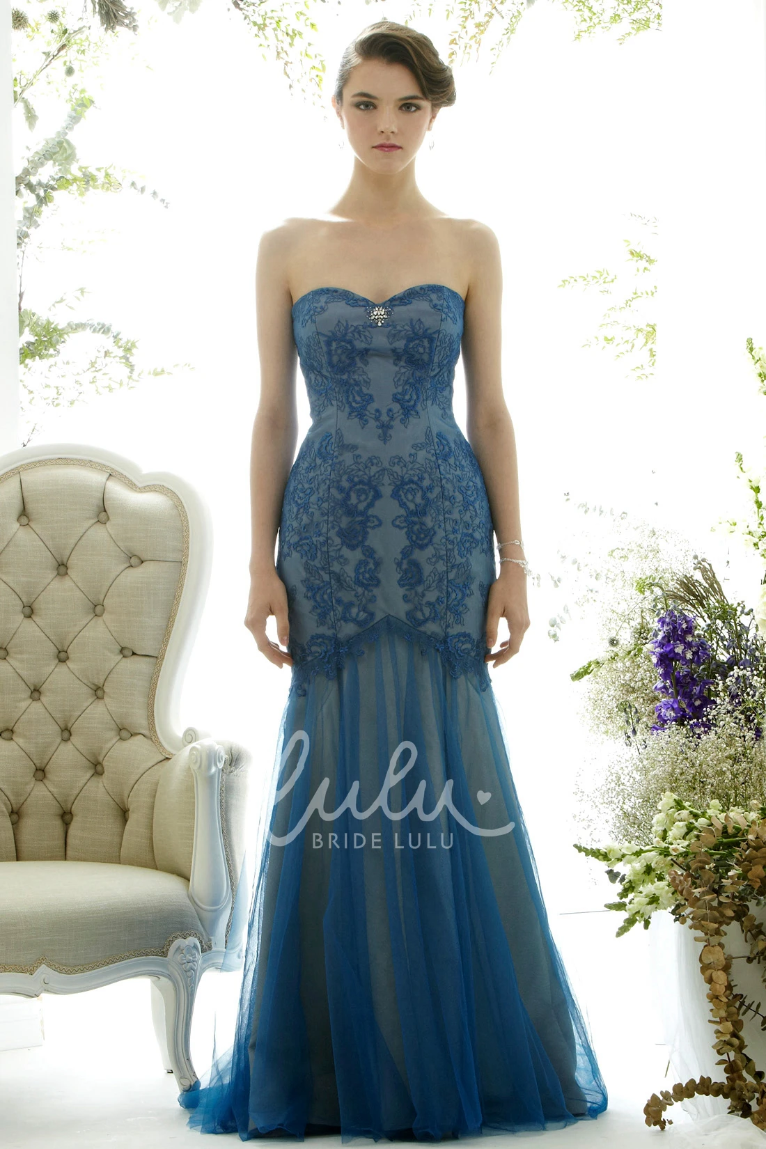 Long Lace&Tulle Prom Dress with Backless Style Trumpet Sweetheart Sleeveless Dress