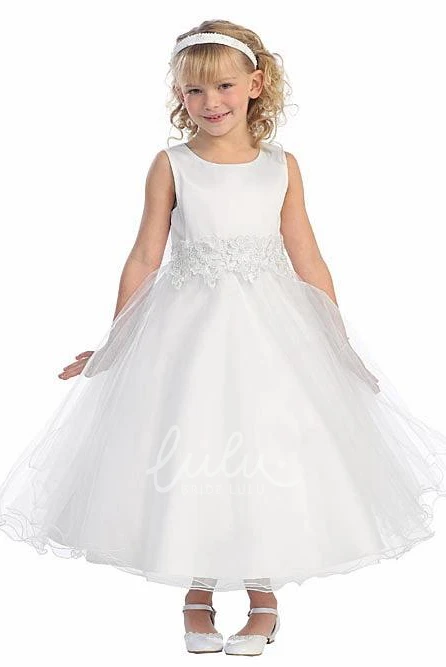Bell-Sleeve Tiered Tulle & Lace Tea-Length Floral Flower Girl Dress