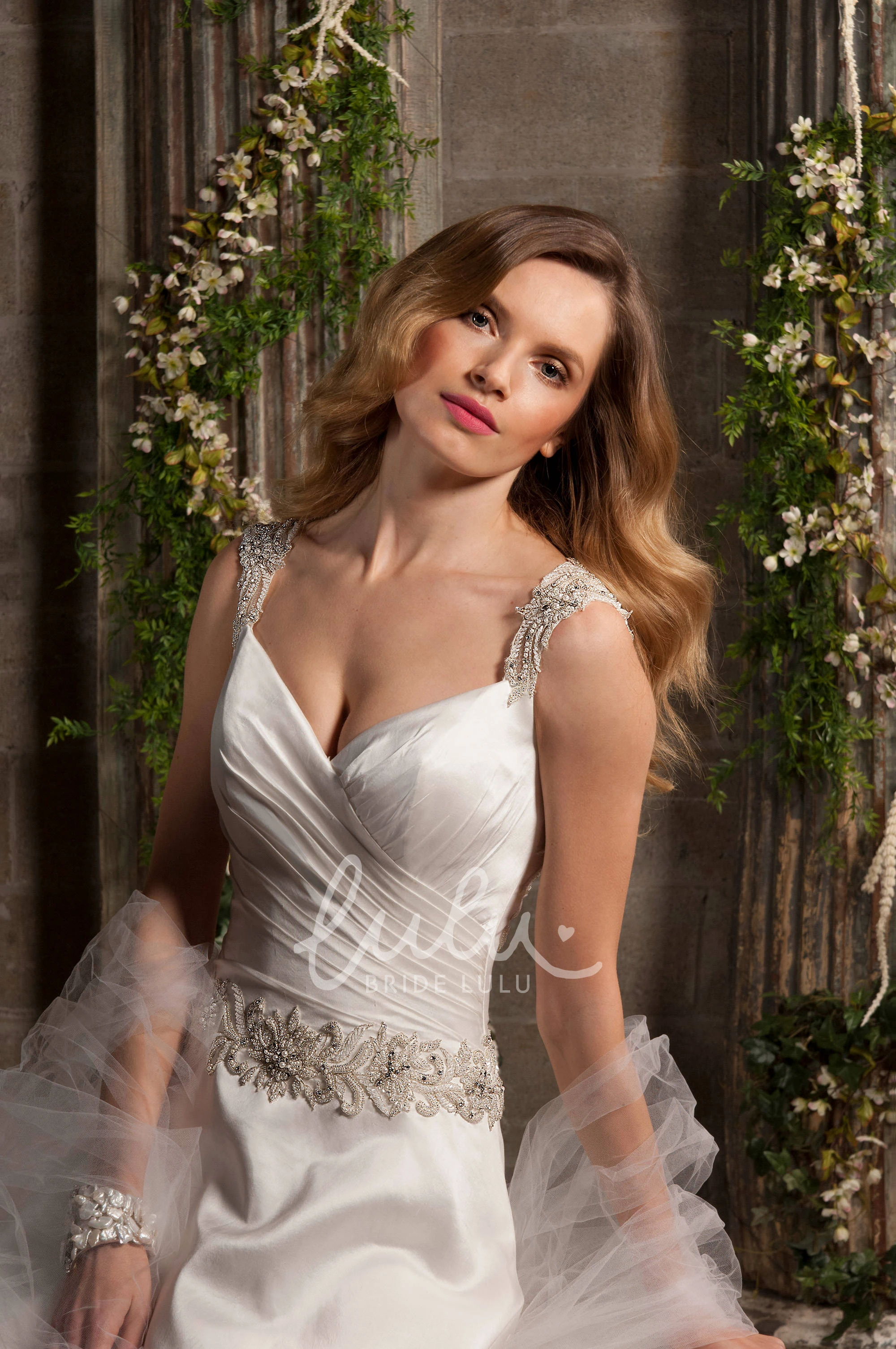 Organza Spaghetti Strap Wedding Dress with Draping