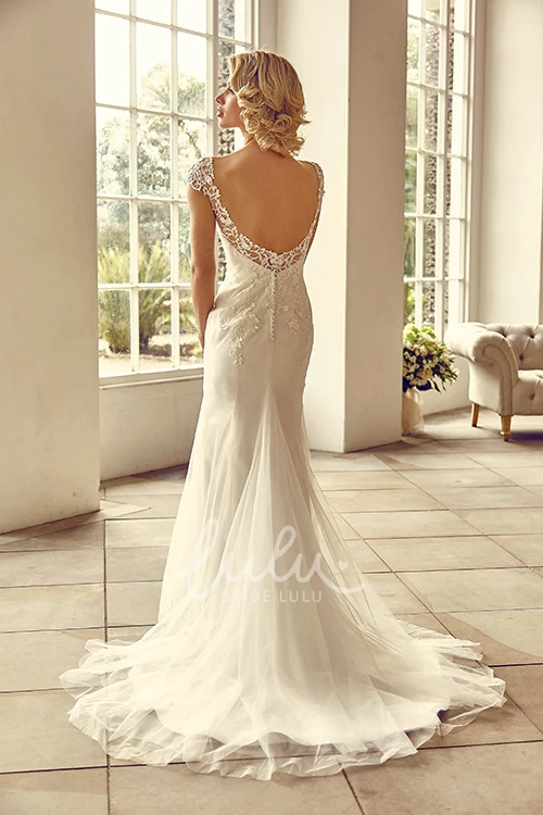 Lace&Tulle Cap-Sleeve V-Neck Wedding Dress Floor-Length