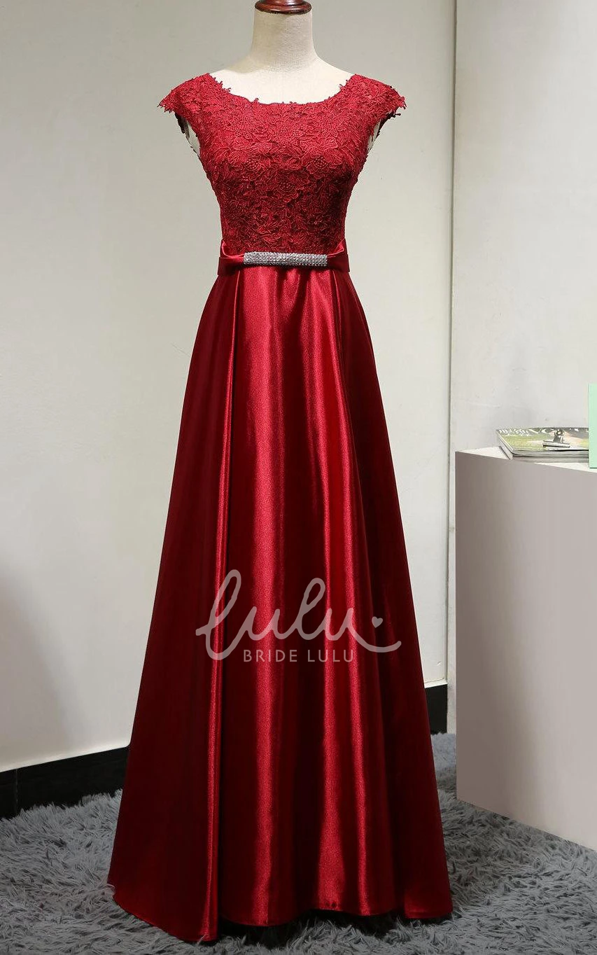 Satin Dress with Lace Cap Sleeves Beaded Belt and Elegant Style