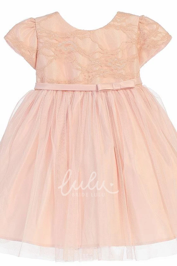 Lace and Satin Tea-Length Flower Girl Dress with Bow