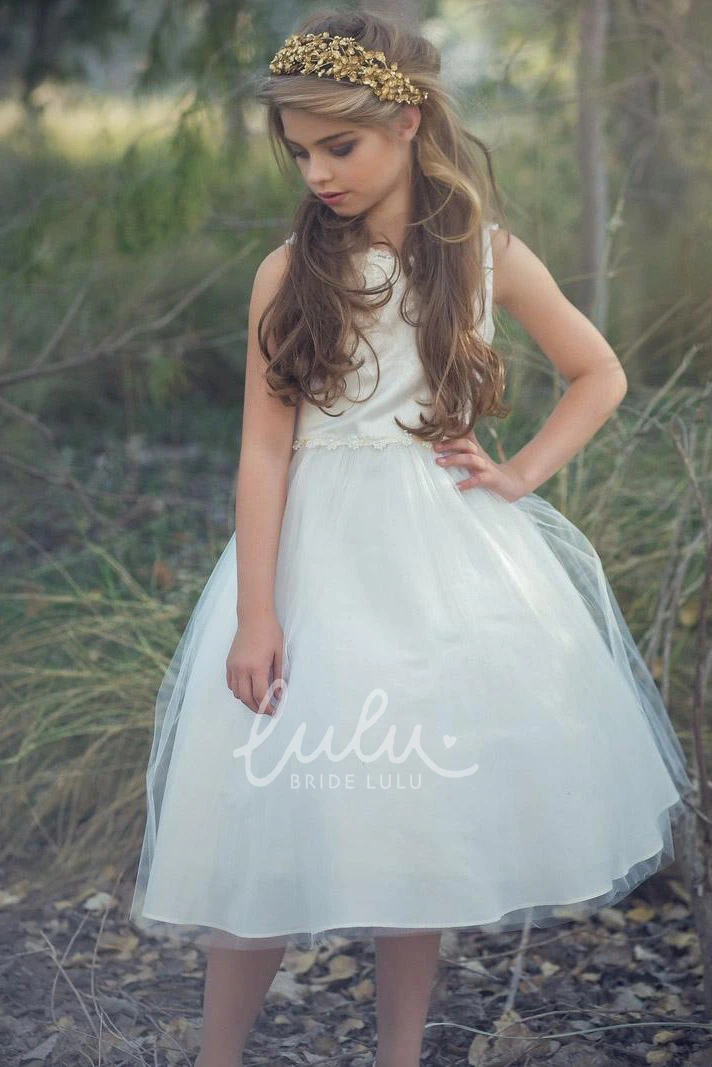 Beaded Appliqued Tea-Length Floral Flower Girl Dress Tulle & Sequins