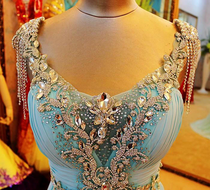 A-Line Backless Blue Prom Dress with Crystal Beading and Blingbling Details