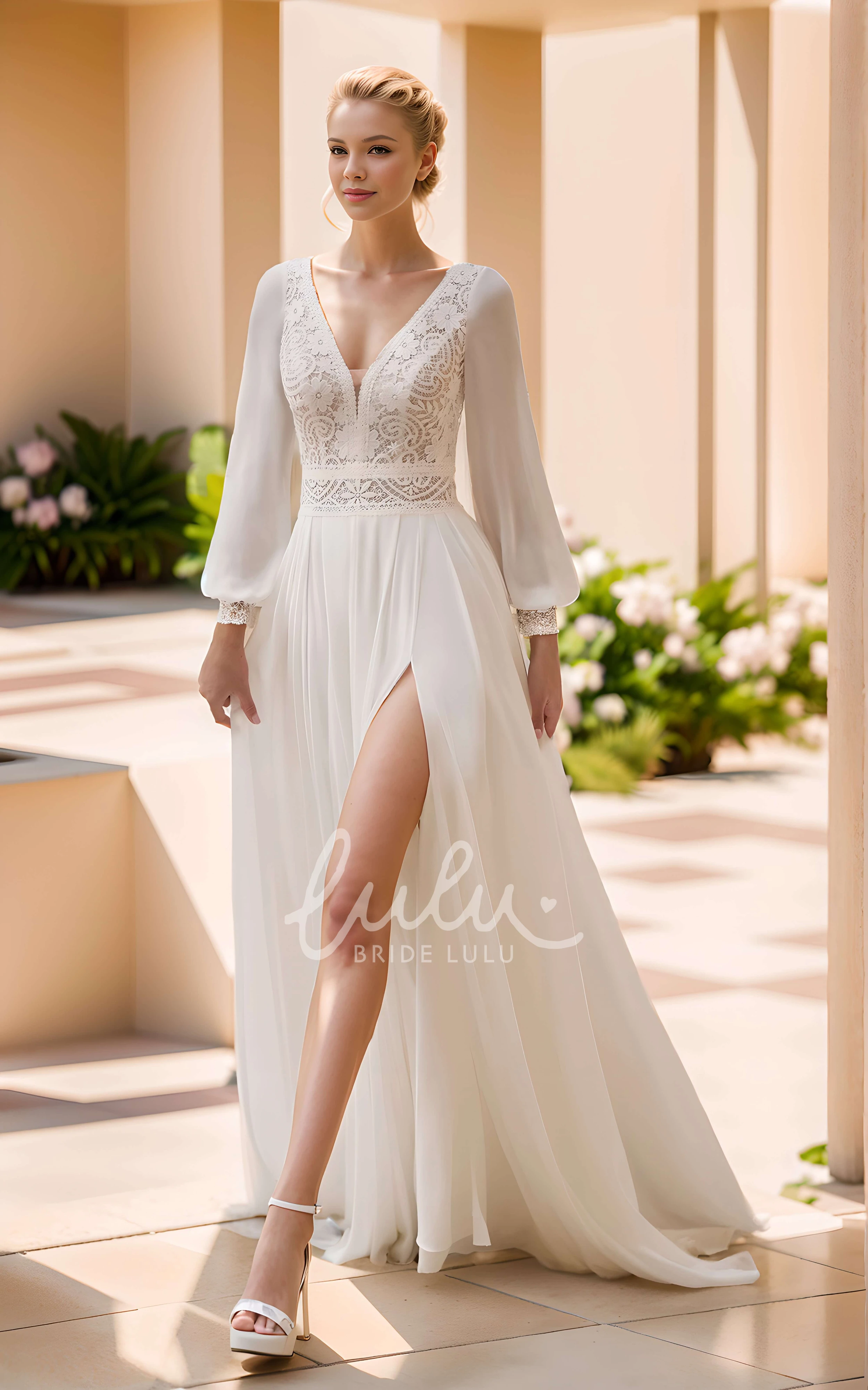 Ethereal Romantic Plunging Neckline A-Line Chiffon Lace Winter Wedding Dress Elegant Vintage Puff Long Sleeve Backless Split Floor-length Bridal Gown with Train
