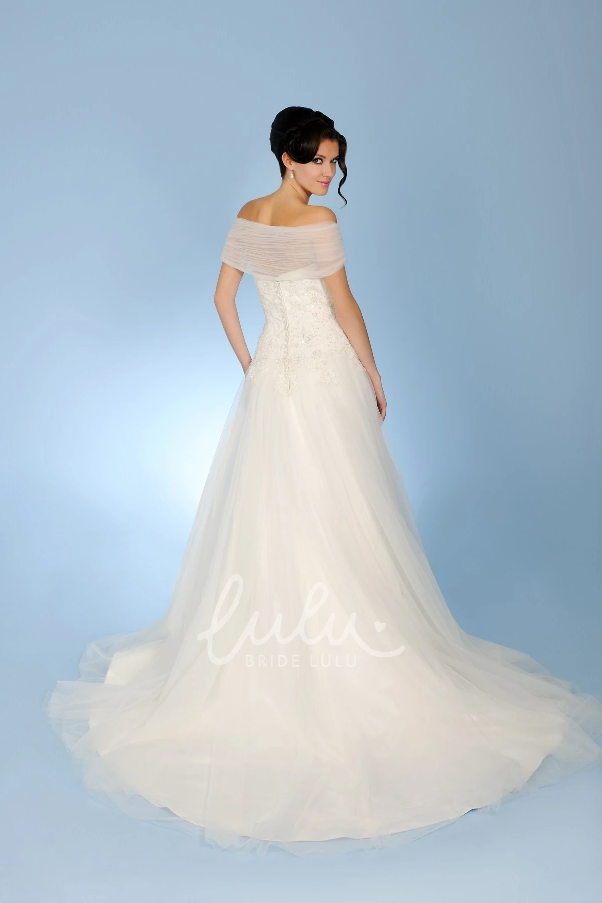 Strapless Appliqued Tulle Wedding Dress with Illusion Back and Court Train Ball-Gown Floor-Length