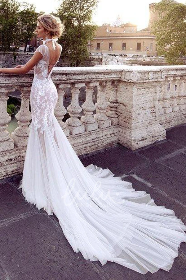 Illusion Tulle Wedding Dress with Cap Sleeves and Court Train