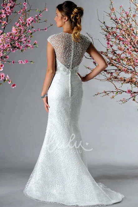 Beaded Waist Mermaid Wedding Dress with Cap Sleeves
