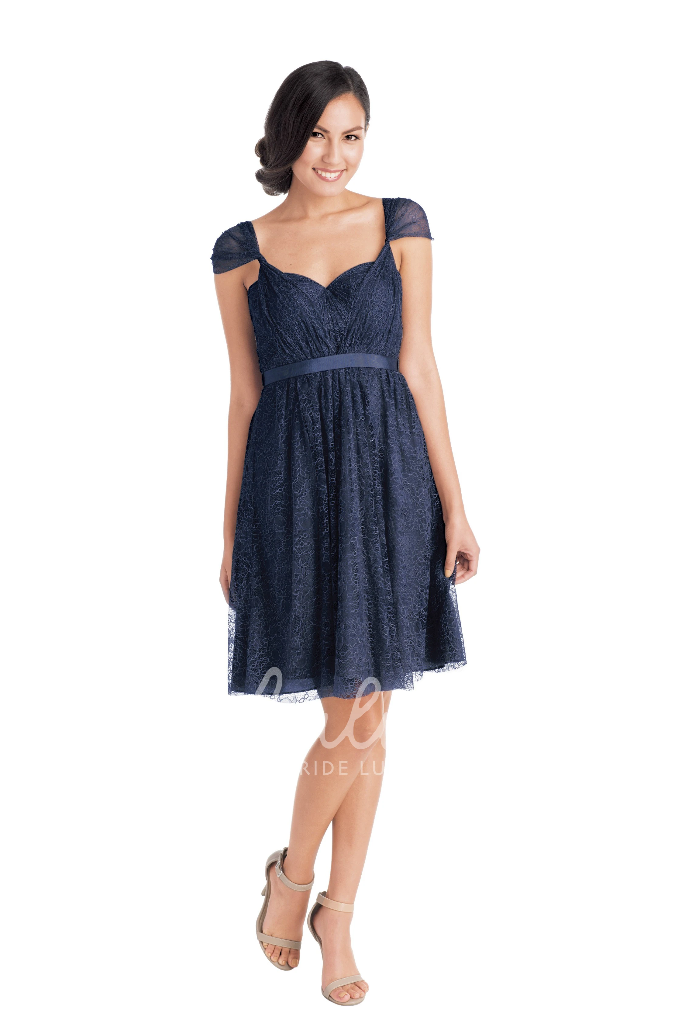 Ribboned Lace Cap Sleeve Sweetheart Short Bridesmaid Dress in Multiple Colors
