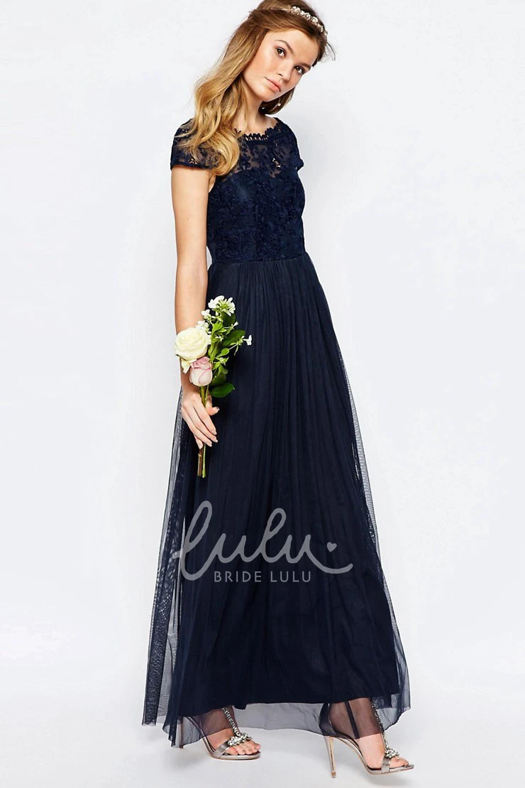 Appliqued Chiffon Bridesmaid Dress A-Line Floor-Length Short-Sleeve Bateau Neck Pleats