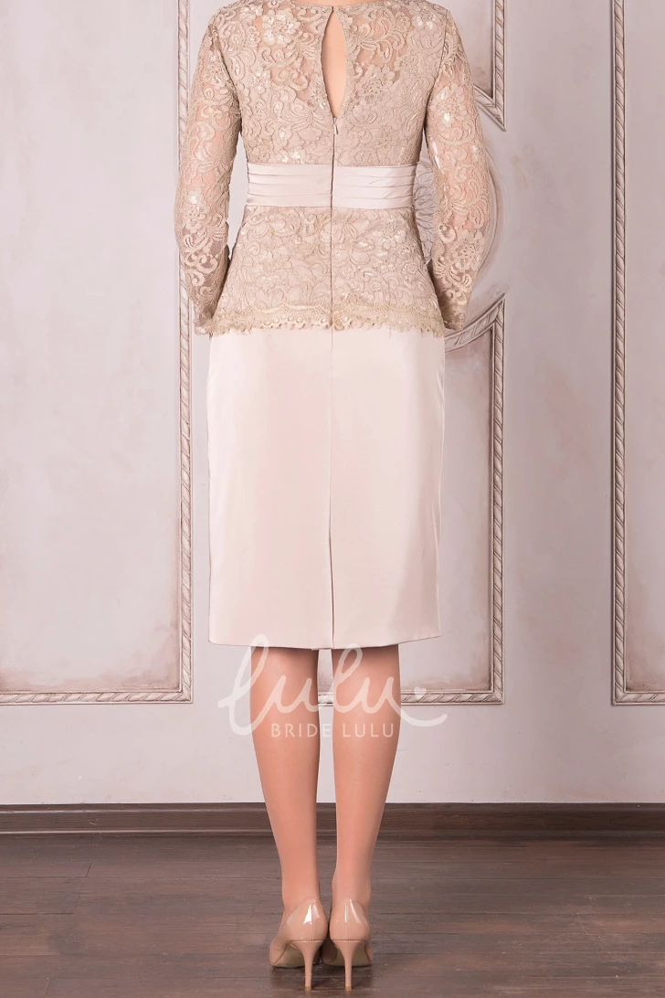 Long Sleeve Satin Knee-Length Mother Of The Bride Dress with High Neck and Applique