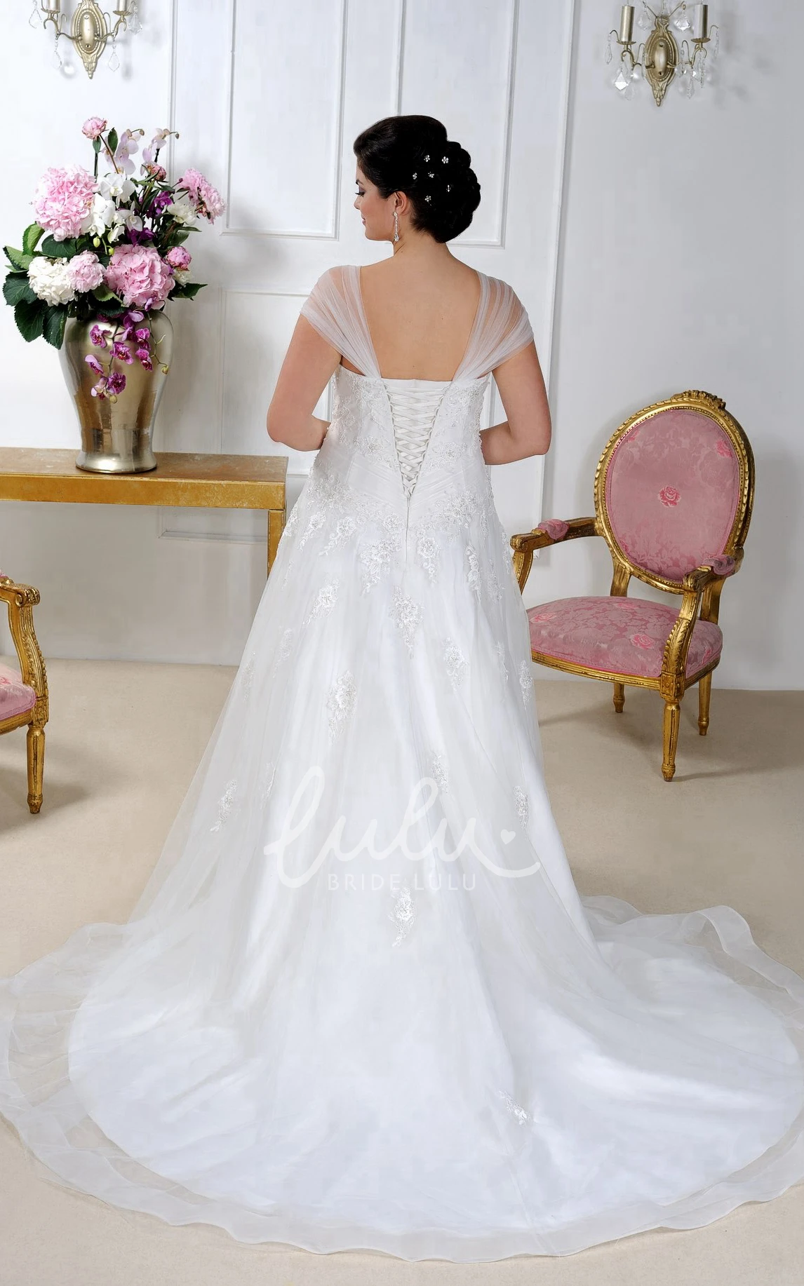 A-Line Tulle Dress with Caped Sleeves Flower Appliques and Corset Back for Wedding