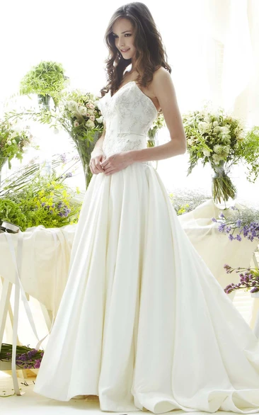 Sweetheart Beaded Satin Wedding Dress with Brush Train Classic Bridal Gown