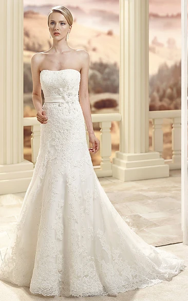 Maxi Strapless Appliqued Lace Sheath Wedding Dress with Flower and Cape