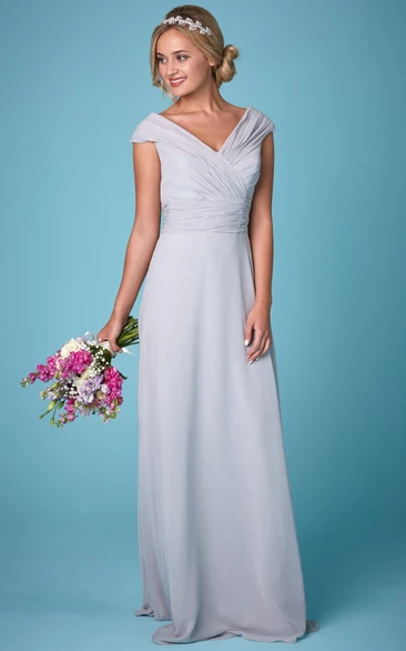 Short Sleeve Ruched Chiffon Bridesmaid Dress with V-Neck