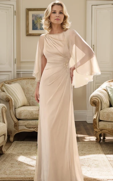 Modest Sheath Chiffon Sleeveless Maxi Champagne Mother of the Bride Dress Elegant Scoop Neck Floor Length Gown with Beading and Ruffle