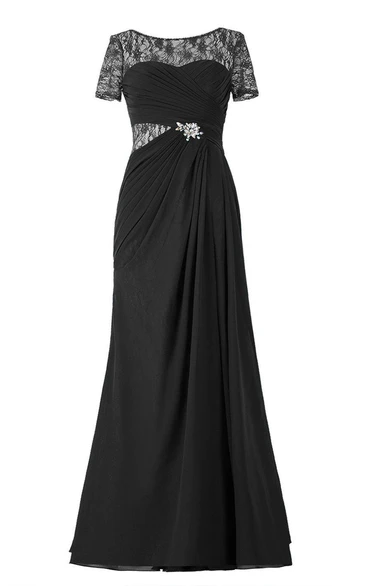 Illusion Chiffon Gown with Short Sleeves Elegant Formal Dress