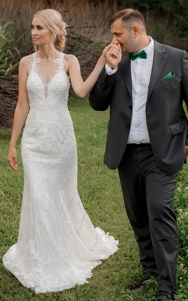 Casual Lace Mermaid Wedding Dress with Jewel Neckline and Illusion Back Unique Style