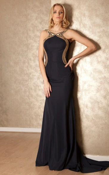 Backless Jersey Prom Dress with Sweep Train Sleeveless Sheath Floor-Length