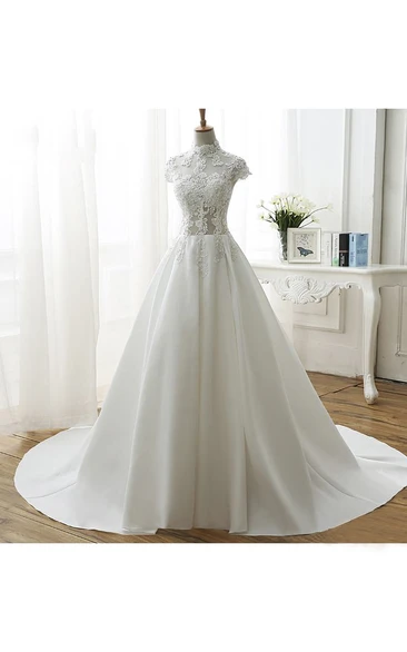 Illusion High Neck Ball Gown Wedding Dress with Beadings and Appliques