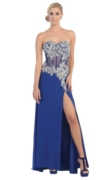 Jersey Sweetheart Split Front Formal Dress with Beading and Zipper Closure