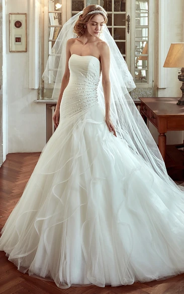 Pearl Embellished Strapless Wedding Dress with Side Draping