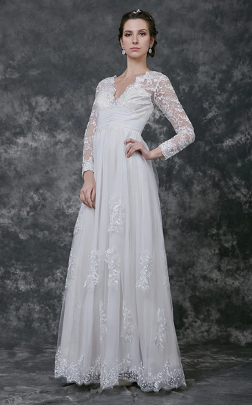 Illusion Sleeve Chiffon Dress with Ruched V-Neckline Flowy Wedding Gown