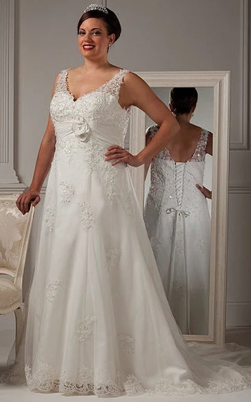 V-Neck Lace Wedding Dress with Floral Waist and Lace-Up