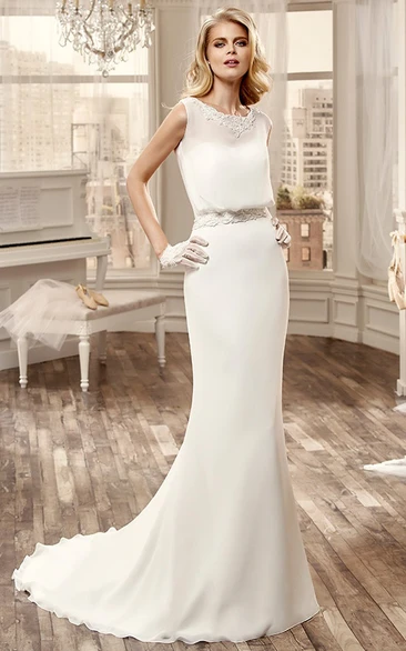Cap-Sleeve Appliqued Chiffon Wedding Dress with Brush Train Stunning Bridal Gown