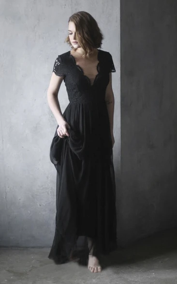 Scalloped V-neck Black Chiffon Wedding Dress with Illusion Back 