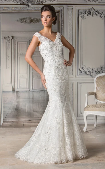 Mermaid Gown with Allover Appliques Cap-Sleeved V-Neck Style Wedding Dress