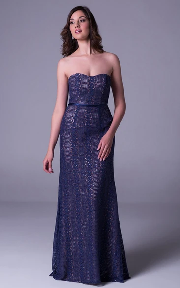 Lace Sleeveless Sheath Prom Dress Long Strapless Gown