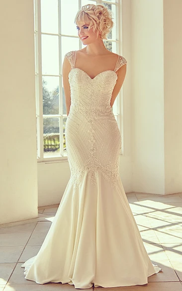 Sweetheart Beaded Chiffon Wedding Dress with Cap-Sleeves Floor-Length Bridal Gown