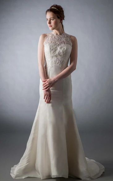 High Neck Sleeveless Satin A-Line Wedding Dress with Appliques and Court Train