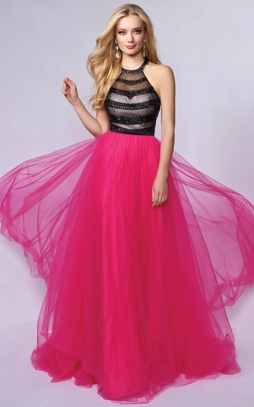 Jewel-Neck Tulle A-Line Formal Dress with Beading Floor-Length