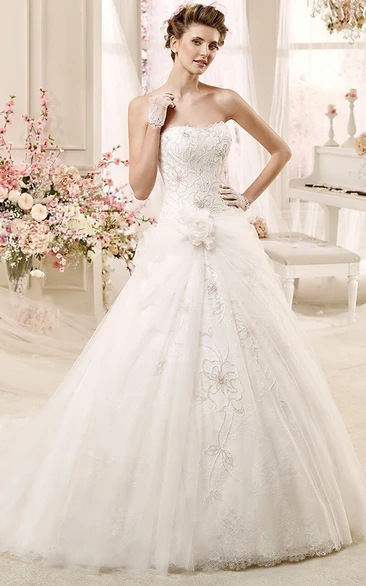 Strapless A-line Wedding Dress with Tulle Overlayer Unique Bridal Dress