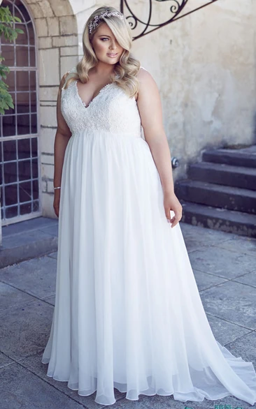 Plus Size Chiffon Wedding Dress with Appliques Sleeveless V-Neck Floor-Length Gown