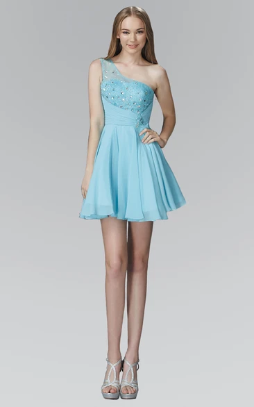 One-Shoulder Chiffon Beaded A-Line Mini Prom Dress with Sleeveless