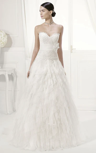 Lace Top Sweetheart Wedding Dress with Tiered Tulle Skirt and Removable Half Sleeves