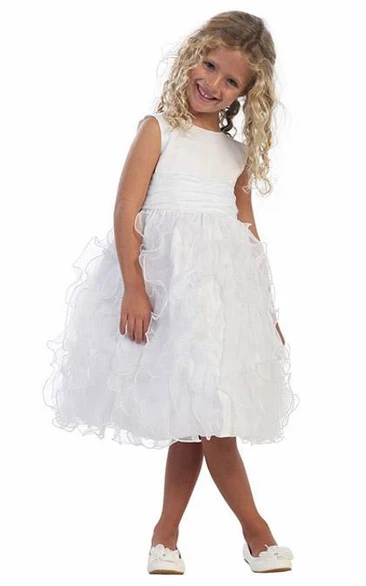 Organza Satin Ruched Flower Girl Dress Tea-Length Sleeveless Wedding Dress