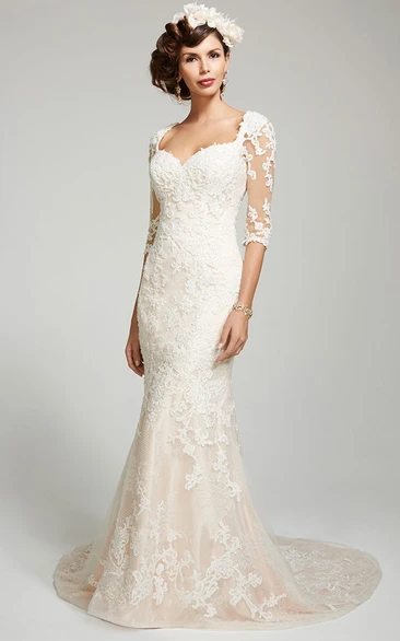 Lace Appliqued Sweetheart Wedding Dress with Court Train and Keyhole Back Sheath Style